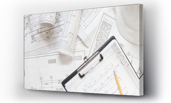 Wizualizacja Obrazu : #320638885 architect design working drawing sketch plans blueprints and making architectural construction model in architect studio,flat lay