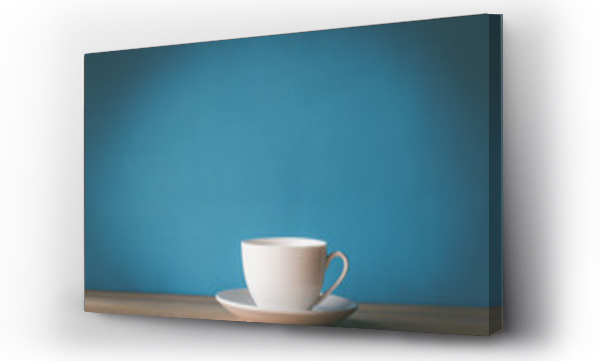 Wizualizacja Obrazu : #321206912 cup of coffee on wooden table with blue background