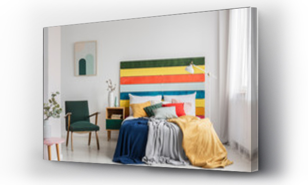 Wizualizacja Obrazu : #321813215 Retro armchair in modern bedroom interior with rainbow colored headboard