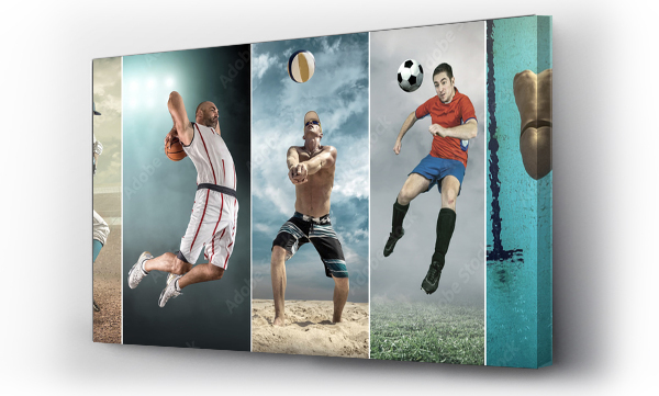Wizualizacja Obrazu : #322063615 Collage of professional sport athlettes. Baseball, basketball, beach volleyball, soccer, football, swimming.