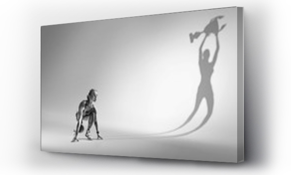 Tło sportowe. Biegacz na starcie. Czarno-biały obraz izolowany na białym z długim cieniem zwycięzcy.