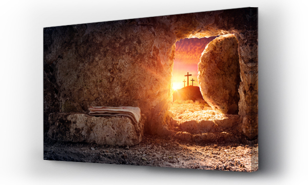 Pusty grób z całunem i ukrzyżowanie o wschodzie słońca - Zmartwychwstanie Jezusa Chrystusa