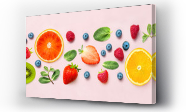 Wizualizacja Obrazu : #327139390 Fresh berry and fruit mix border frame banner of various ripe berries and mint leaves on pink background. Flat lay. Fruit pattern