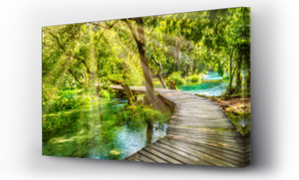 Wizualizacja Obrazu : #327243193 Drewniany chodnik nad rzeką w lesie w Parku Narodowym Krka, Chorwacja. Piękna scena z drzewami, wodą i promieniami słońca.