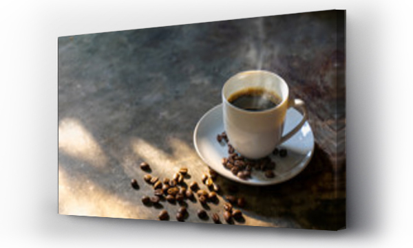 Wizualizacja Obrazu : #329817095 coffee cup coffee beans on the cement  background with smoky aroma
