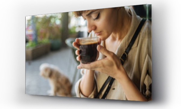 Wizualizacja Obrazu : #332991642 Woman with cup of coffee on street near dog