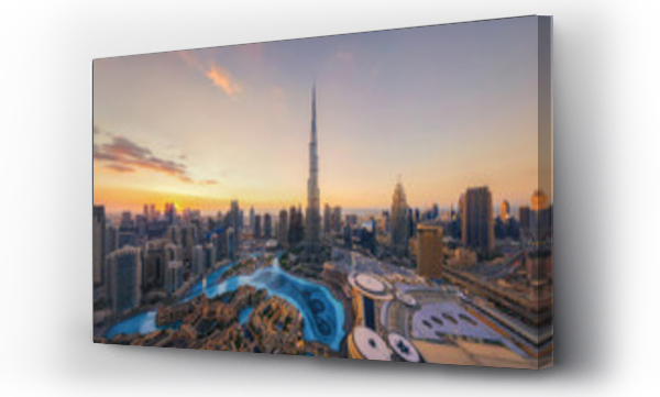 Wizualizacja Obrazu : #333020874 Widok z lotu ptaka na Burj Khalifa w Dubaju Downtown skyline i fontanna, Zjednoczone Emiraty Arabskie lub ZEA. Dzielnica finansowa i obszar biznesowy w inteligentnym mieście miejskim. Drapacz chmur i wysokie budynki na zachód słońca.