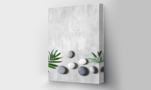 Wizualizacja Obrazu : #333209432 Grey spa background, spa concept, palm leaves and grey stones, top view.