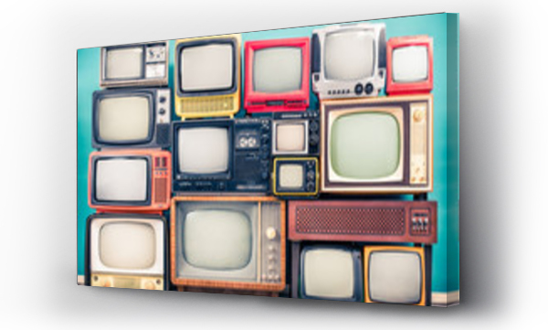 Retro odbiorniki telewizyjne zestaw z circa 60s, 70s i 80s XX wieku, stary drewniany stojak telewizyjny z wzmacniaczem przodu miętowy niebieski tło ściany. Nadawanie, wiadomości koncepcji. Vintage styl filtrowane zdjęcie