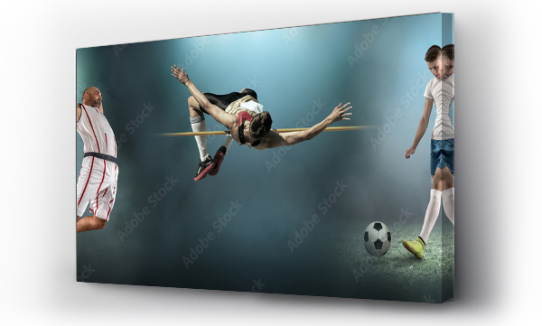 Wizualizacja Obrazu : #334449814 Collage of sports shoots of soccer, football, basketball and athletic. All athletes in dynamic action.
