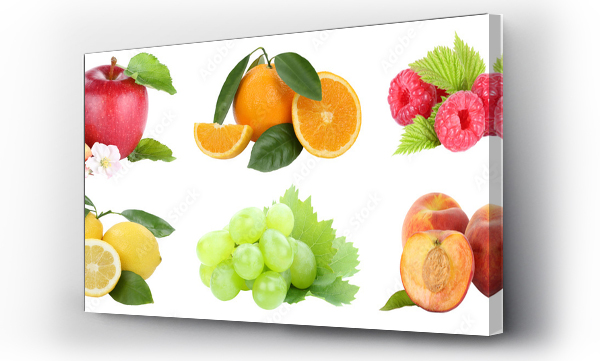 Wizualizacja Obrazu : #337377628 Food collection fruits apple orange grapes apples oranges peach fresh fruit isolated on white