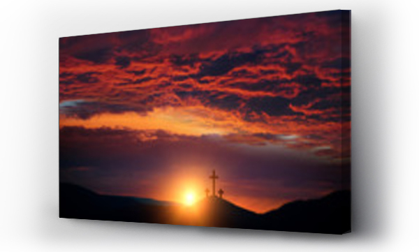 Wizualizacja Obrazu : #338764261 Resurrection of Jesus Christ concept: God Lamb in front of the three cross of Jesus Christ on sunrise background