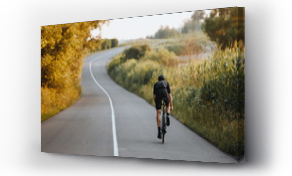 Wizualizacja Obrazu : #341678385 Back view of strong male cyclist with athletic body shape riding bike at the paved road among trees and green bushes in black protective helmet and sportswear. Concept of training  outdoors