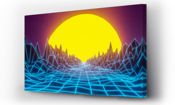 Wizualizacja Obrazu : #344749991 3d rendering, Virtual reality, road from geometric lines between the mountains to the setting sun.Design in the style of the 80s.  Futuristic synthesizer retro wave illustration