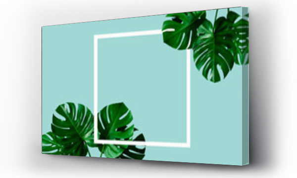 Wizualizacja Obrazu : #345679876 top view of tropical monstera leaf shadow with white frame on blue color background. minimal summer concept. flat lay