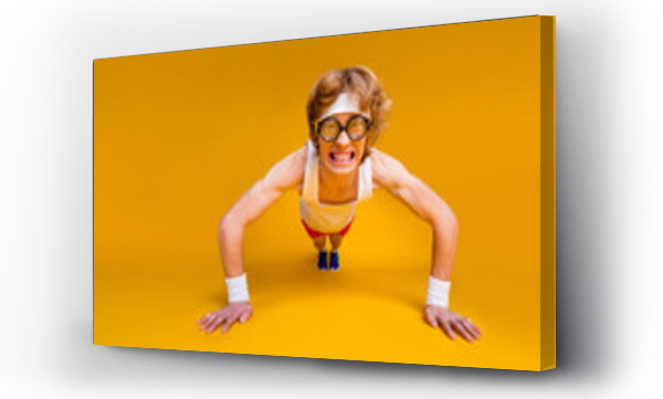 Wizualizacja Obrazu : #346749286 Portrait of his he nice funky motivated mad desperate foxy guy doing work out body building goal squatting endurance isolated over bright vivid shine vibrant yellow color background