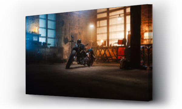Wizualizacja Obrazu : #352214692 Custom Bobber Motorbike Standing in an Authentic Creative Workshop. Vintage Style Motorcycle Under Warm Lamp Light in a Garage.