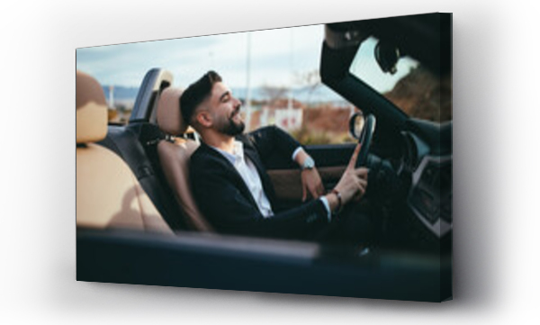 Wizualizacja Obrazu : #358586787 Side view of businessman driving a car at the sunset