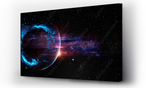 Wizualizacja Obrazu : #362395740 Czarna dziura nad polem gwiazdy w przestrzeni kosmicznej, abstrakcyjne tapety kosmiczne z formy litery O i iskry światła z przestrzeni kopiowania. Elementy tego obrazu dostarczone przez NASA.