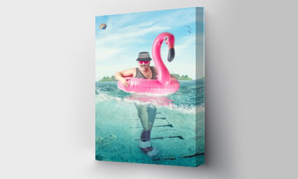 Wizualizacja Obrazu : #364087886 Cheerful man in a striped suit  swim
in flamingo rubber ring against the background of a summer beach  .Collage.