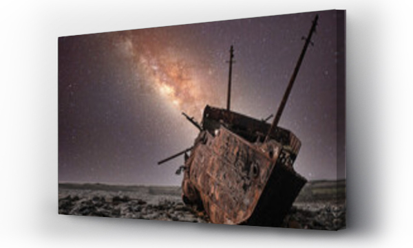 Wizualizacja Obrazu : #364561715 Metal rusty wreckage of old ship on empty rocky coast against glowing cosmos lights at starry night in Ireland