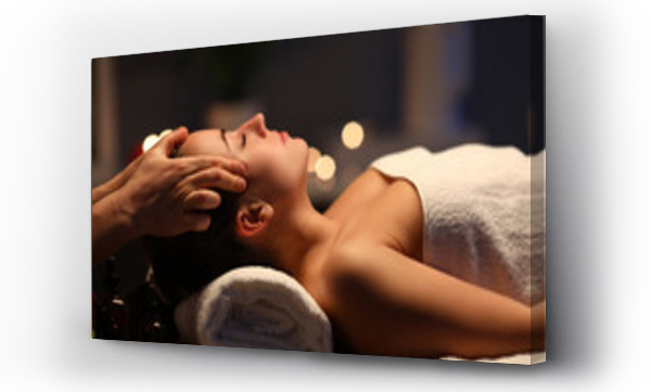 Wizualizacja Obrazu : #367263310 Woman lay on couch on her back with closed eyes and enjoy. Man make relaxing and therapeutic head massage at weight. Spa client has thrown her head back and rejuvenate. Wellness procedures in spa