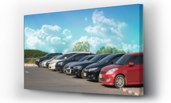 Wizualizacja Obrazu : #368352515 Car parked in large asphalt parking lot with white cloud and blue sky background. Outdoor parking lot  travel transportation