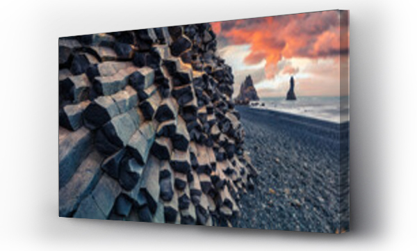 Wizualizacja Obrazu : #375567035 Unbelievable sunset on Reynisdrangar cliffs in Atlantic ocean. Spectacular summer scene of black sand beach in Iceland, Vik location, Europe. Beauty of nature concept background.