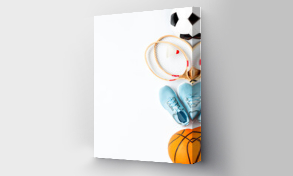Wizualizacja Obrazu : #379598827 Flat lay of sport balls and rackets on white background. Above view, copy space