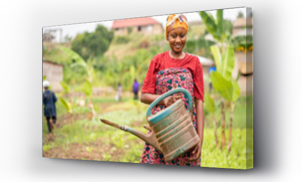 Wizualizacja Obrazu : #381034140 beautiful African lady with head scarf, plastic container-landscape image of Black woman in a greenfield with pretty smile-farming concept