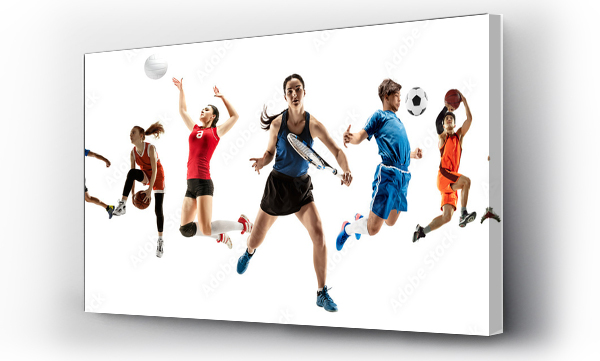 Wizualizacja Obrazu : #381358407 Kolaż różnych profesjonalnych sportowców, fit mężczyzn i kobiet w akcji i ruchu izolowane na białym tle. Wykonane z 5 modeli. Koncepcja sportu, osiągnięć, konkurencji, mistrzostw.