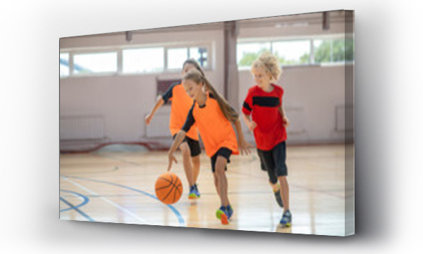 Wizualizacja Obrazu : #381810128 Children in bright sportswear playing basketball and looking excited