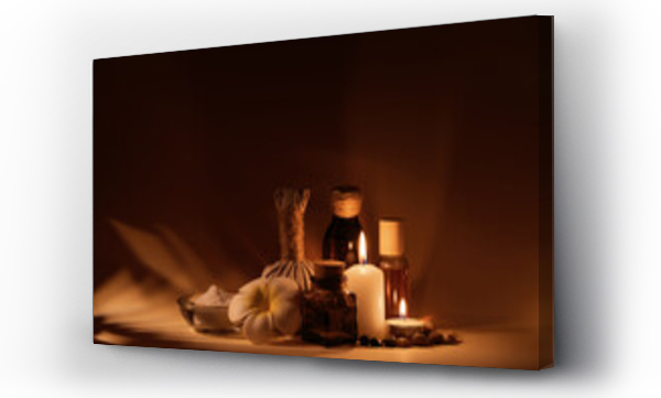 Wizualizacja Obrazu : #382141652 Beautiful spa composition with candles, frangipani flower, oil flasks, bowl with salt and herbal ball.