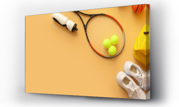 Wizualizacja Obrazu : #391443130 Set of sport equipment on color background