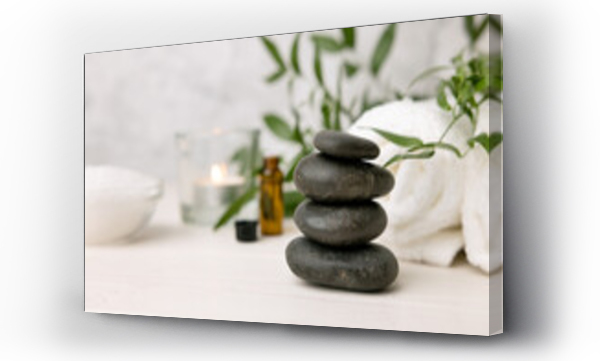 Wizualizacja Obrazu : #393597532 hot stone massage - spa beauty treatment items on white wooden table