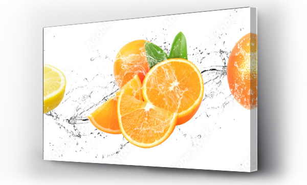 Wizualizacja Obrazu : #399967225 Fresh Fruits with water splash on isolated white background | Lemon, Orange and Grapefruit