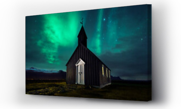 Wizualizacja Obrazu : #401270117 Magnificent scenery of wooden church located on meadow on background of sky with aurora borealis phenomenon in Iceland at night
