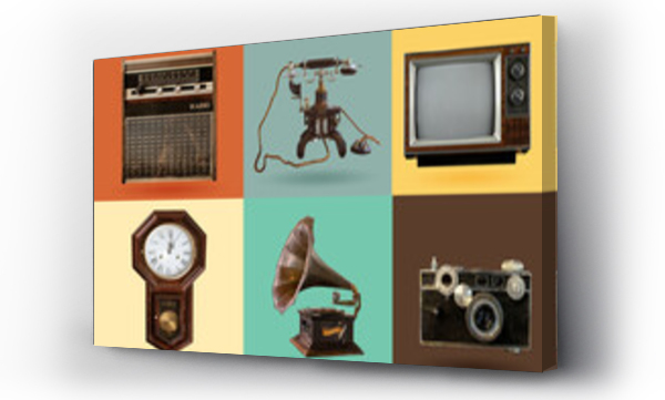 Wizualizacja Obrazu : #404400146 Vintage electrical and electronic appliances set. Nostalgic collectibles from the past 1960s - 1970s. objects isolated on retro color palette with clipping path.