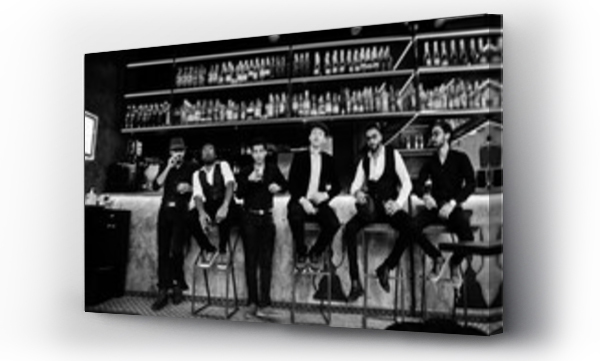 Wizualizacja Obrazu : #407397566 Group of handsome retro well-dressed man gangsters spend time at club. Drinking whiskey at bar counter. Multiethnic male bachelor mafia party in restaurant.