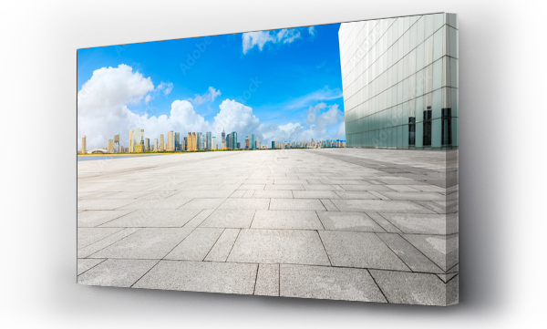 Wizualizacja Obrazu : #411852977 Pusty kwadrat podłogi i nowoczesna panorama miasta z budynków w Hangzhou.