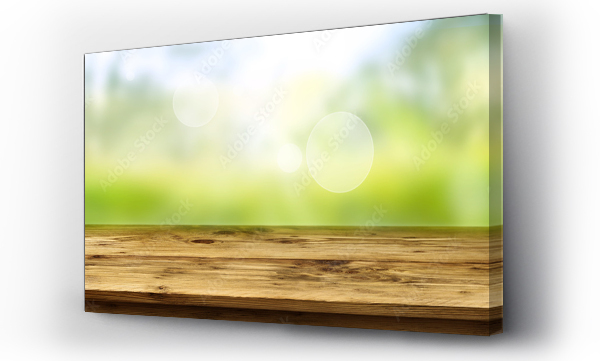 Wizualizacja Obrazu : #414473613 Blurred green landscape with shining bokeh and wooden table. Horizontal spring background with space for decoration and text.