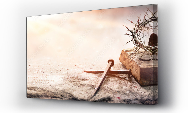 Wizualizacja Obrazu : #416903436 Pasja Jezusa Chrystusa - Młot i krwawe gwoździe i korona cierniowa na jałowej ziemi z rozproszonym tłem