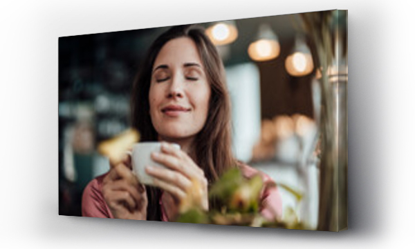 Wizualizacja Obrazu : #419735746 Smiling businesswoman smelling coffee in cafe