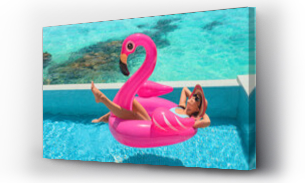 Wizualizacja Obrazu : #423639633 Swimming pool summer relaxation woman in swimsuit sunbathing lying down relaxing on pink flamingo float floating on infinity turquoise idyllic pool at luxury vacation destination.