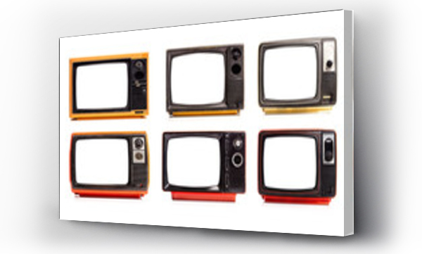 Wizualizacja Obrazu : #424774679 Collection of retro old television red and yellow with white screens isolated on white background. Six old TV sets