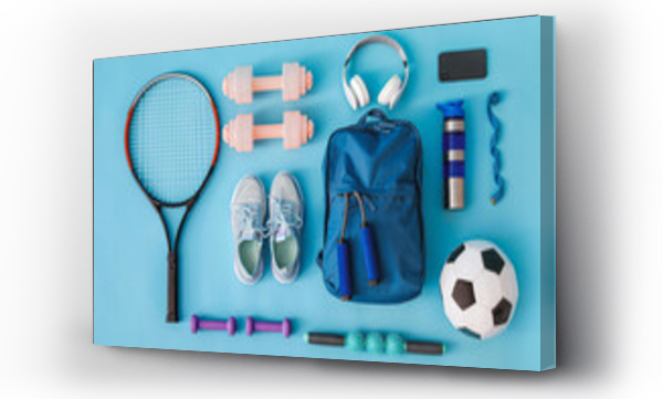 Wizualizacja Obrazu : #426902627 Set of sport equipment with backpack on color background