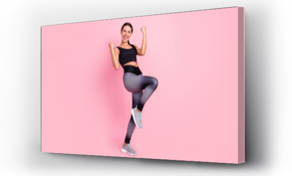 Wizualizacja Obrazu : #428104828 Full size photo of happy young charming lady raise hands champion sport isolated on pink color background