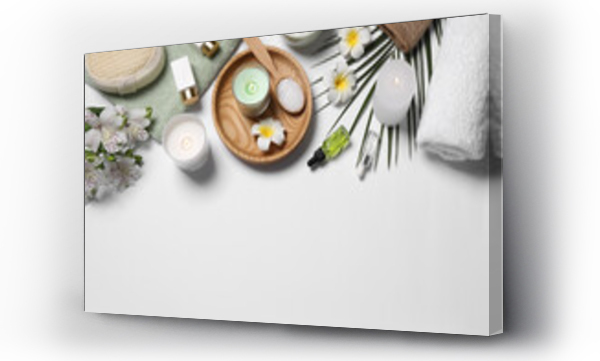 Wizualizacja Obrazu : #430889960 Flat lay composition with spa essentials on white background. Space for text