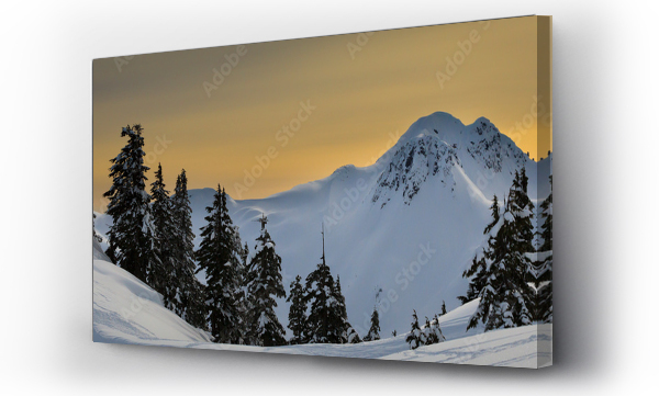 Wizualizacja Obrazu : #432021646 The sky turns orange as the winter sun begins to set on the Arm in the Mount Baker Ski Area backcountry.