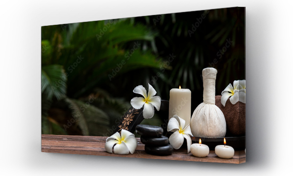Wizualizacja Obrazu : #433052103 Tajski masaż spa. Spa leczenie kosmetyczne piękno. Terapia aromaterapeutyczna dla pielęgnacji ciała kobiet ze świecami dla relaksu wellness. Aromat i sól scrub ustawienie gotowy zdrowy styl życia, miejsce na kopię bannera